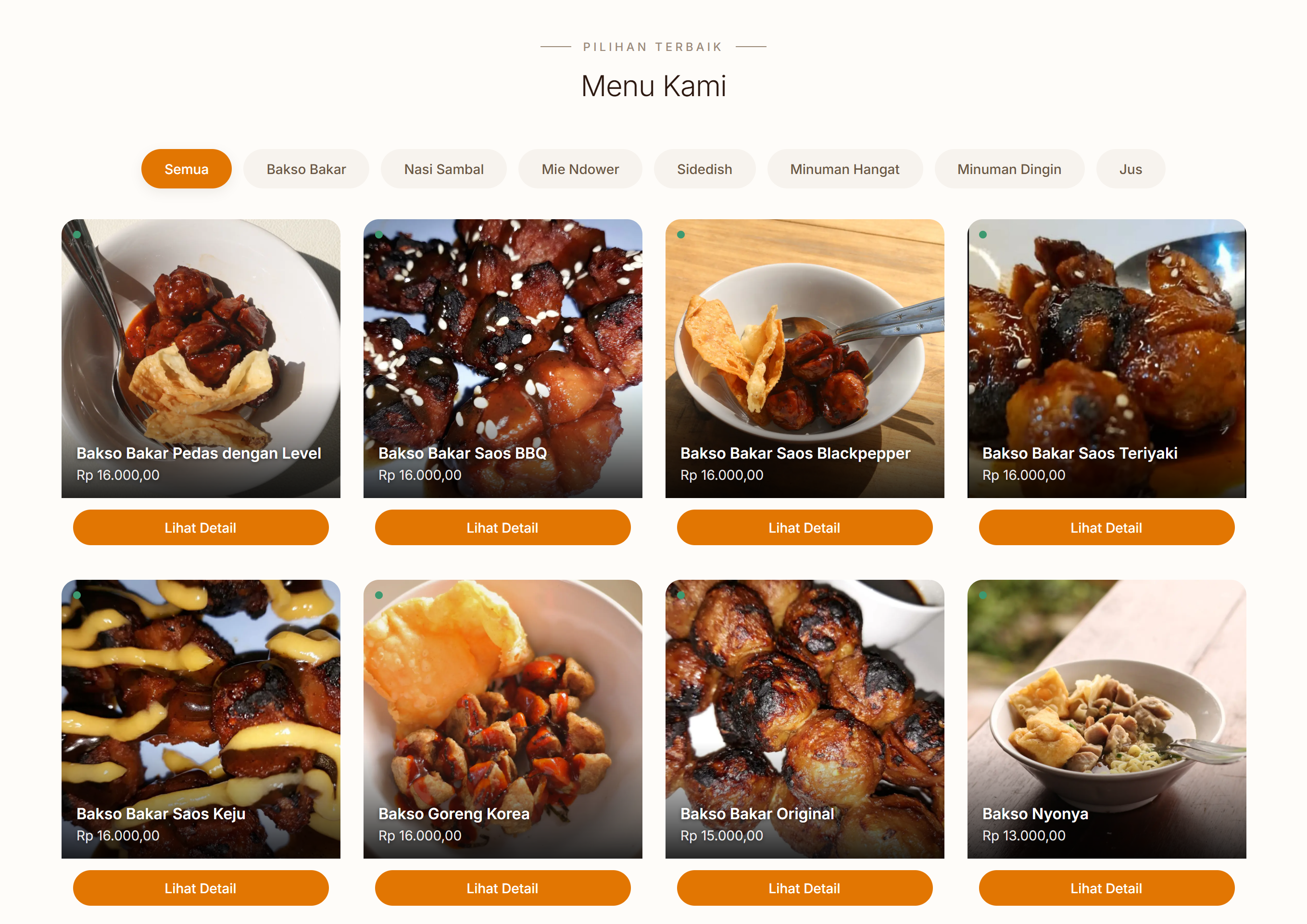 Interactive digital menu interface with real-time category filtering