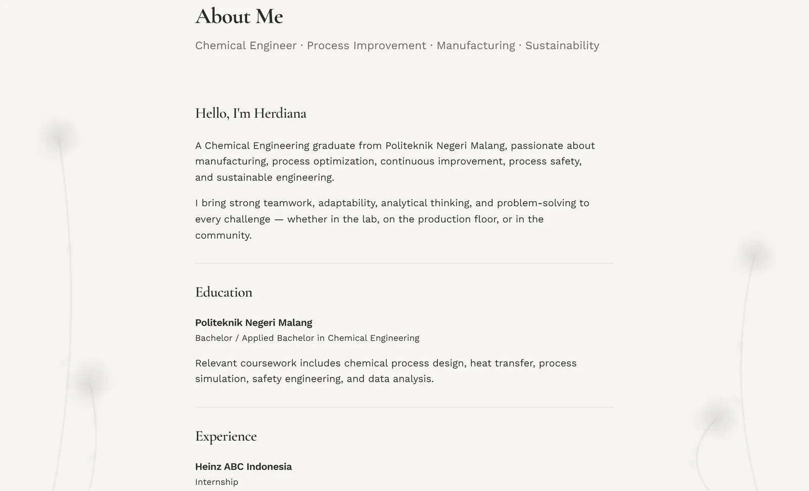 Academic trajectory: institutional profile, chemical engineering research, and professional chronology