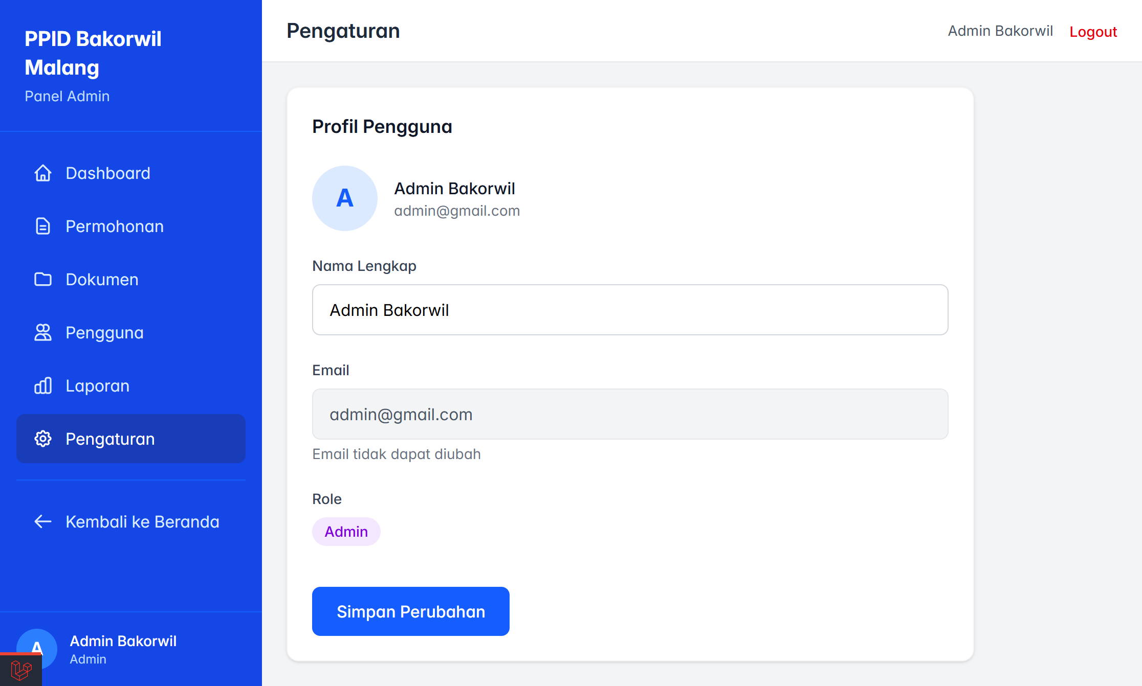 Admin profile settings